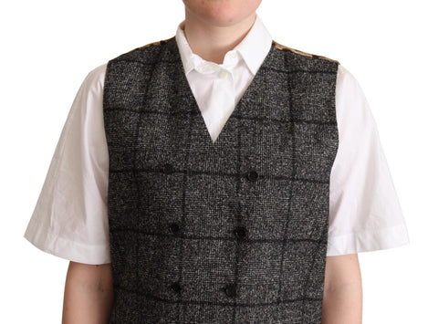 Gray wool leopard print waistcoat vest by Dolce & Gabbana, featuring tailored fit and stylish animal print detail.