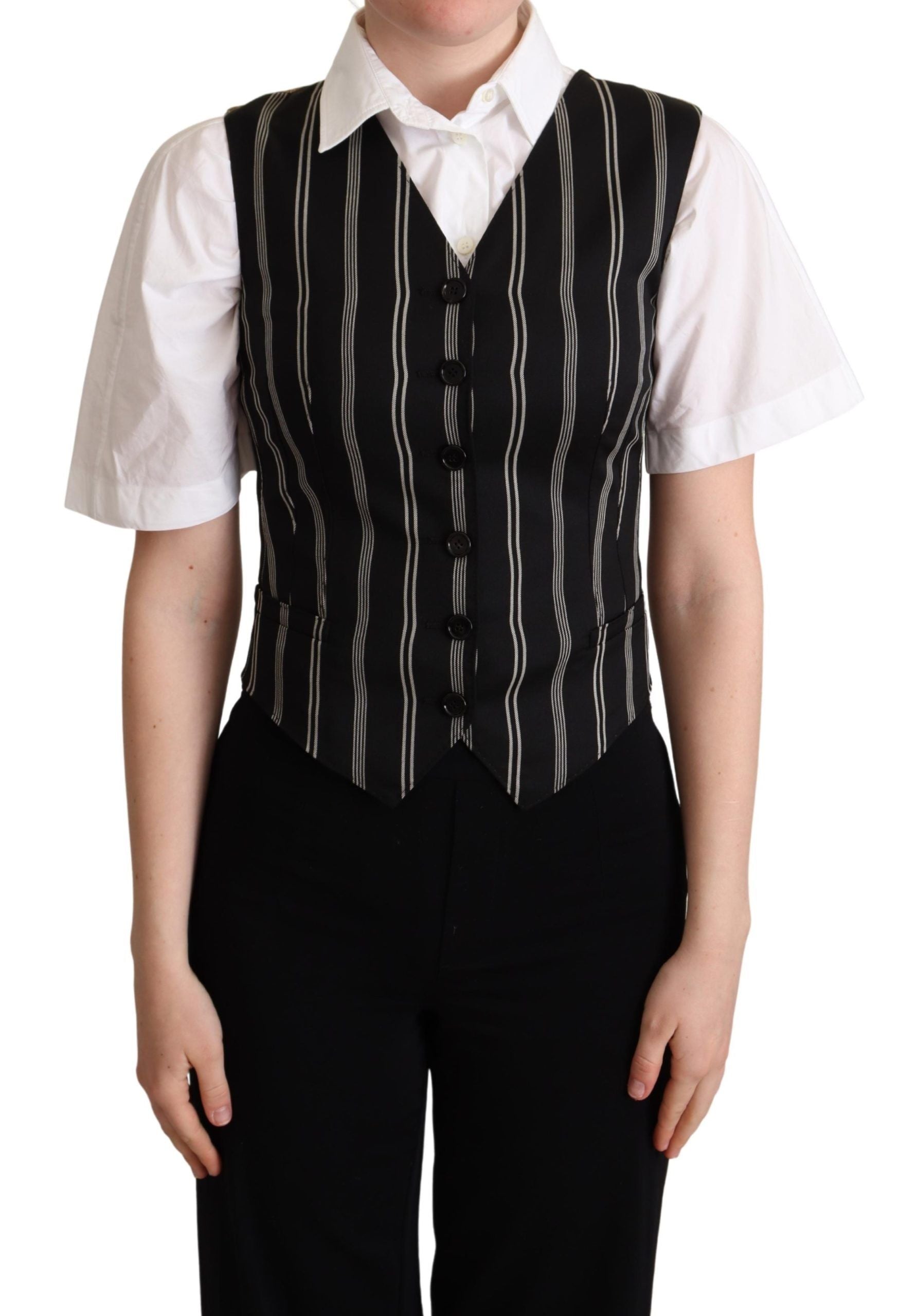Black striped leopard print waistcoat vest by Dolce & Gabbana, featuring a stylish pattern and tailored fit.