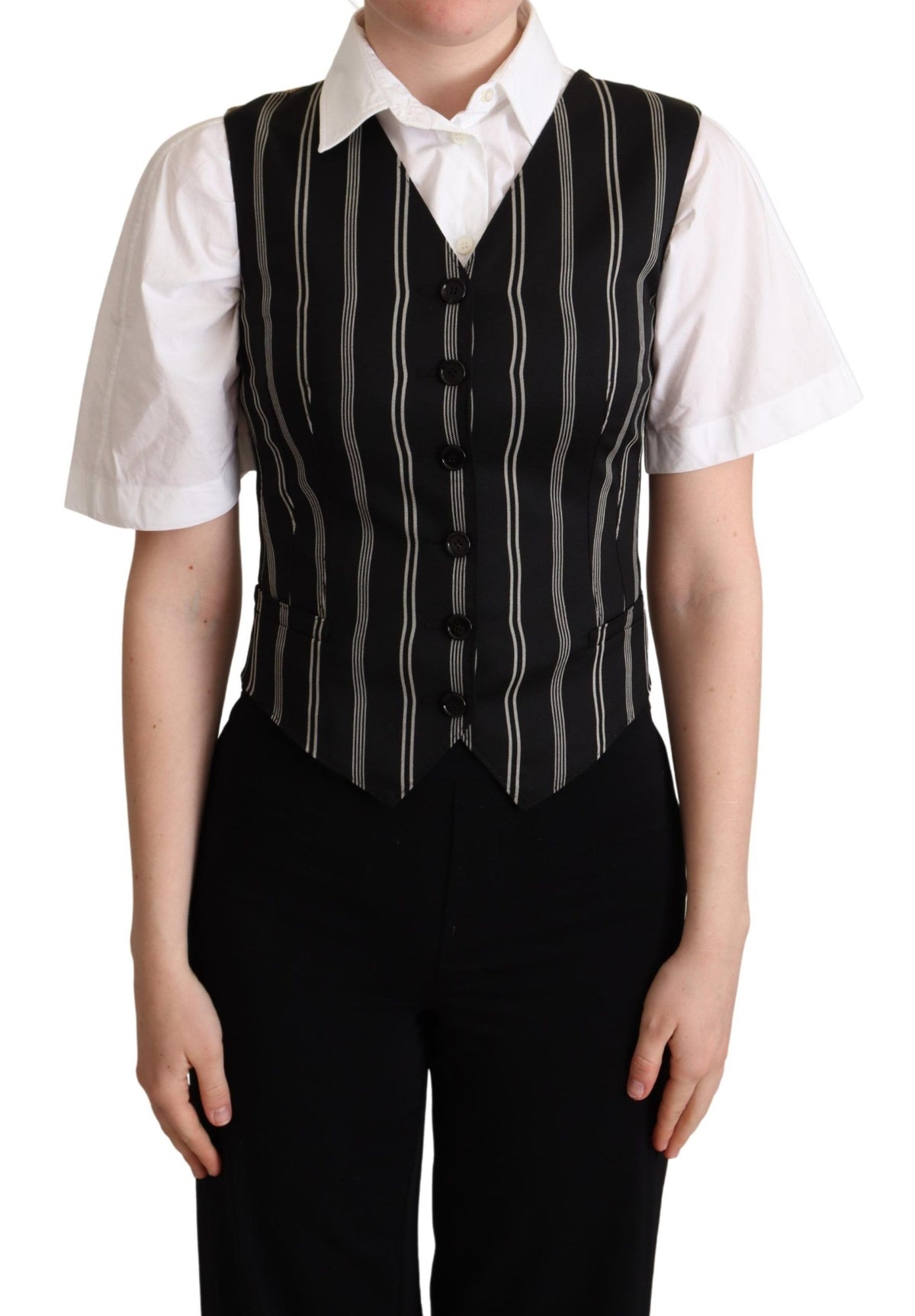 Black striped leopard print waistcoat vest by Dolce & Gabbana, featuring a stylish pattern and tailored fit.
