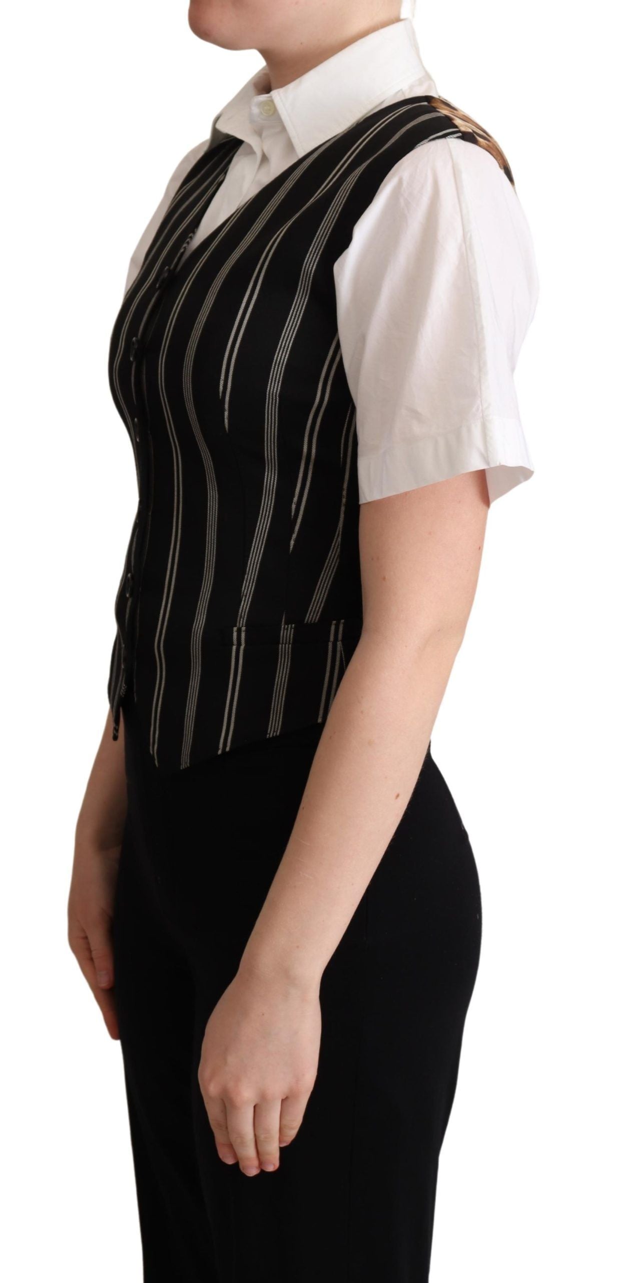 Black striped leopard print waistcoat vest by Dolce & Gabbana, featuring a stylish pattern and tailored fit.