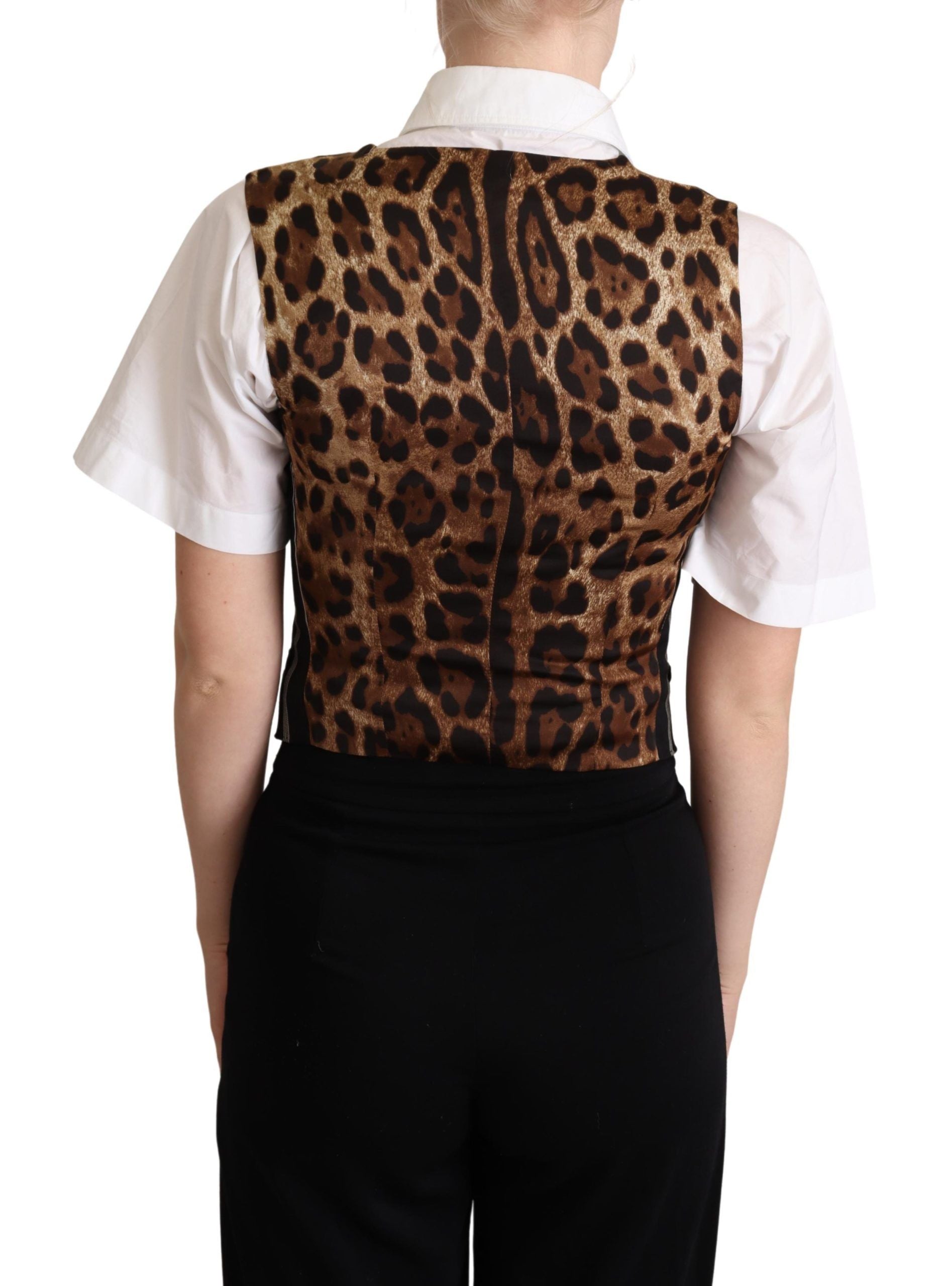 Black striped leopard print waistcoat vest by Dolce & Gabbana, featuring a stylish pattern and tailored fit.