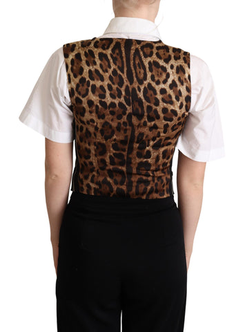 Black striped leopard print waistcoat vest by Dolce & Gabbana, featuring a stylish pattern and tailored fit.