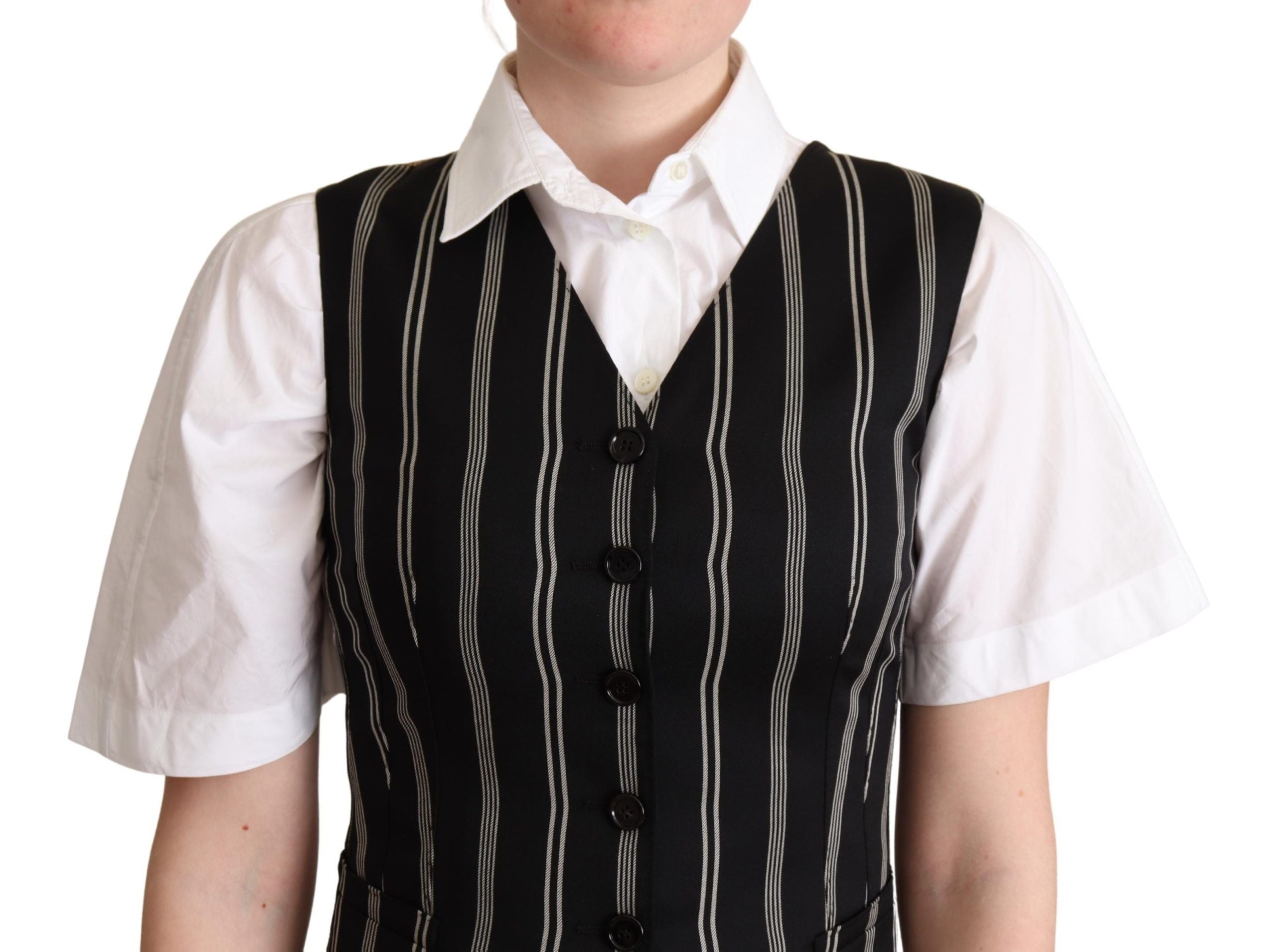 Black striped leopard print waistcoat vest by Dolce & Gabbana, featuring bold pattern and tailored fit.