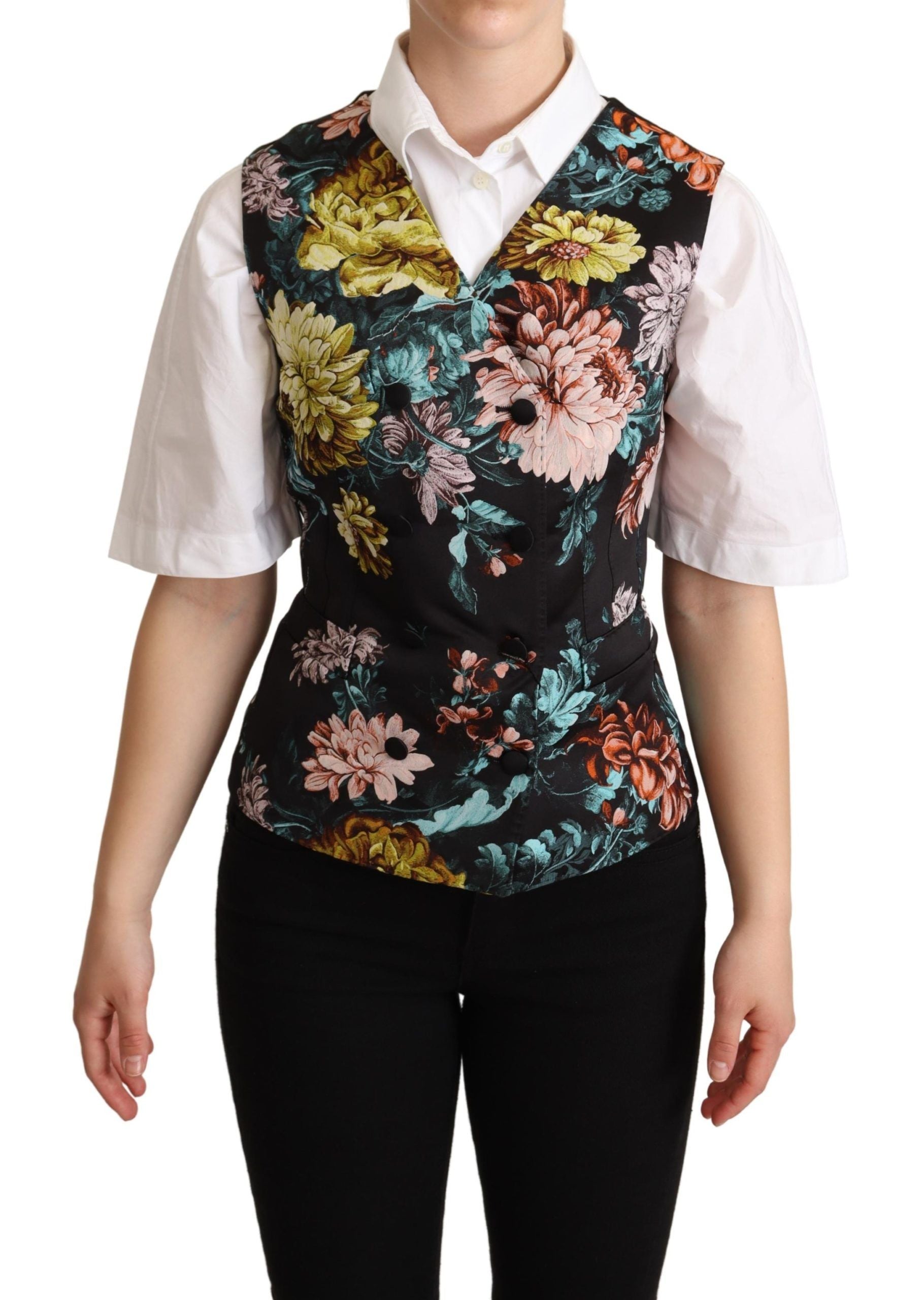 Black Jacquard floral waistcoat vest by Dolce & Gabbana, featuring intricate floral patterns and tailored fit.