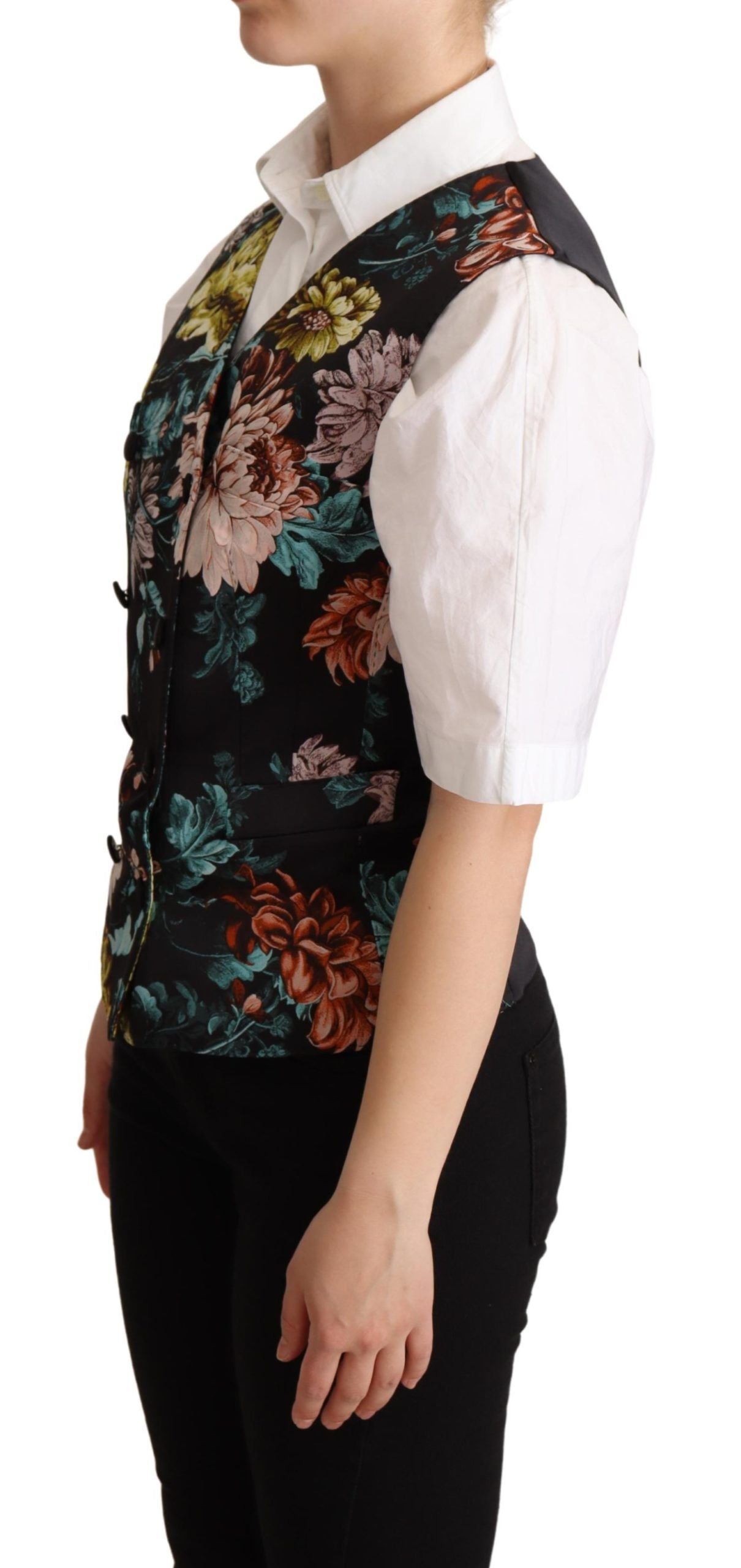 Black Jacquard floral waistcoat vest by Dolce & Gabbana, featuring intricate floral patterns and tailored fit.