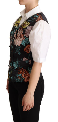 Black Jacquard floral waistcoat vest by Dolce & Gabbana, featuring intricate floral patterns and tailored fit.