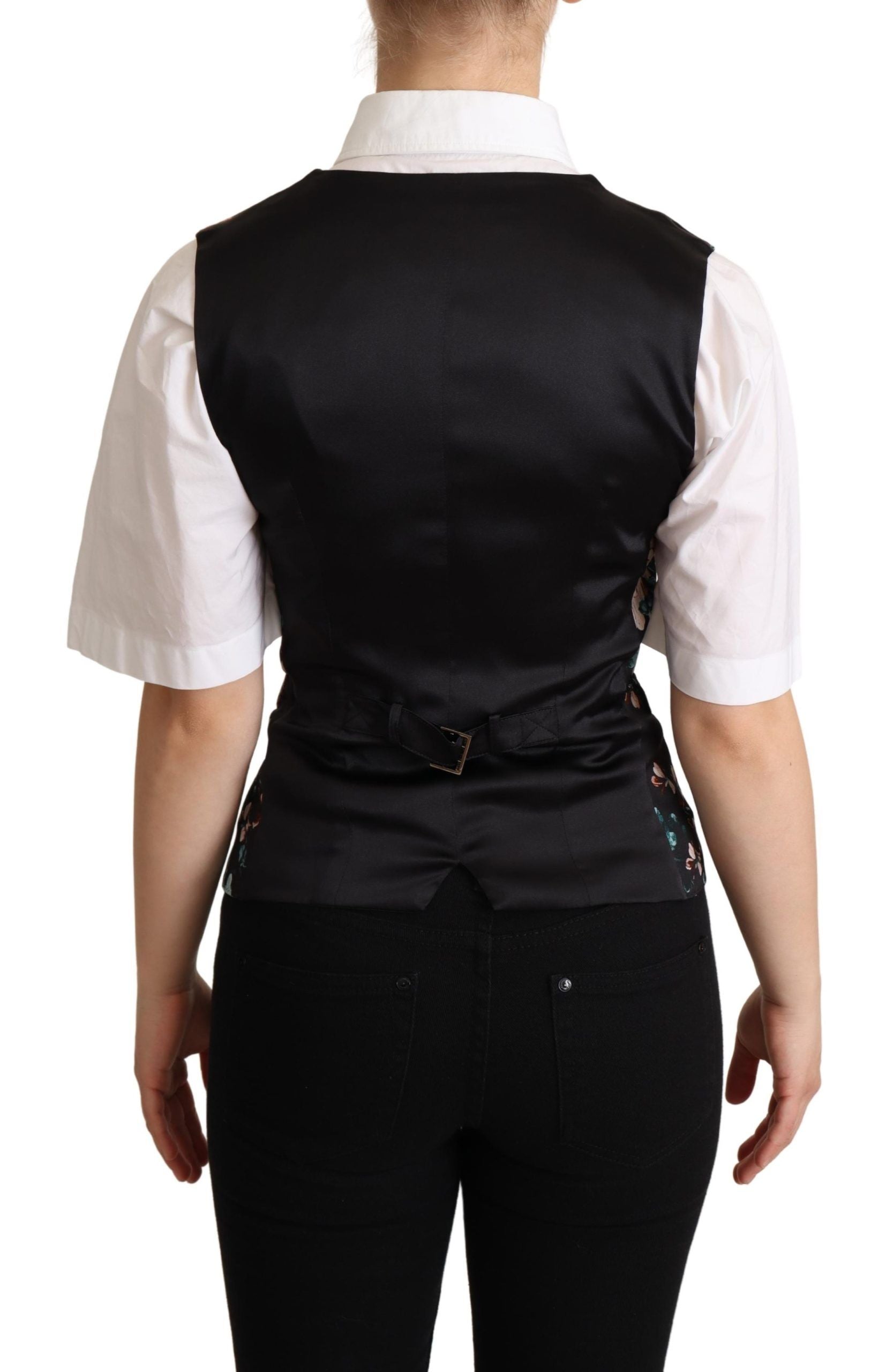 Black Jacquard floral waistcoat vest by Dolce & Gabbana, featuring intricate floral patterns and tailored fit.
