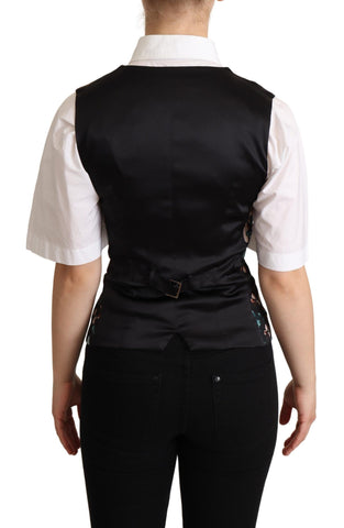 Black Jacquard floral waistcoat vest by Dolce & Gabbana, featuring intricate floral patterns and tailored fit.