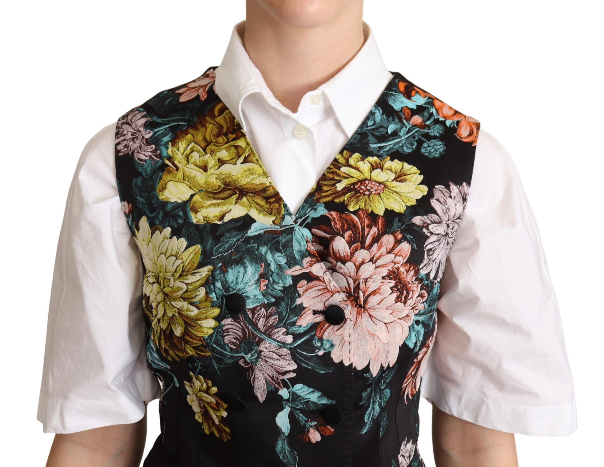 Black Jacquard floral waistcoat vest by Dolce & Gabbana, featuring intricate floral patterns and tailored fit.