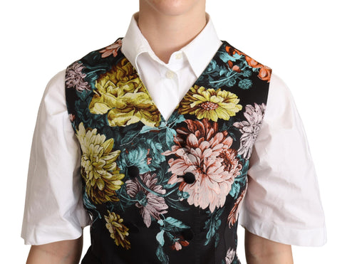 Black Jacquard floral waistcoat vest by Dolce & Gabbana, featuring intricate floral patterns and tailored fit.