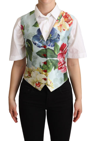 Mint green floral silk waistcoat vest by Dolce & Gabbana, featuring intricate floral patterns and a tailored fit.