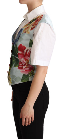 Mint green floral silk waistcoat vest by Dolce & Gabbana, featuring a tailored fit and elegant floral pattern.