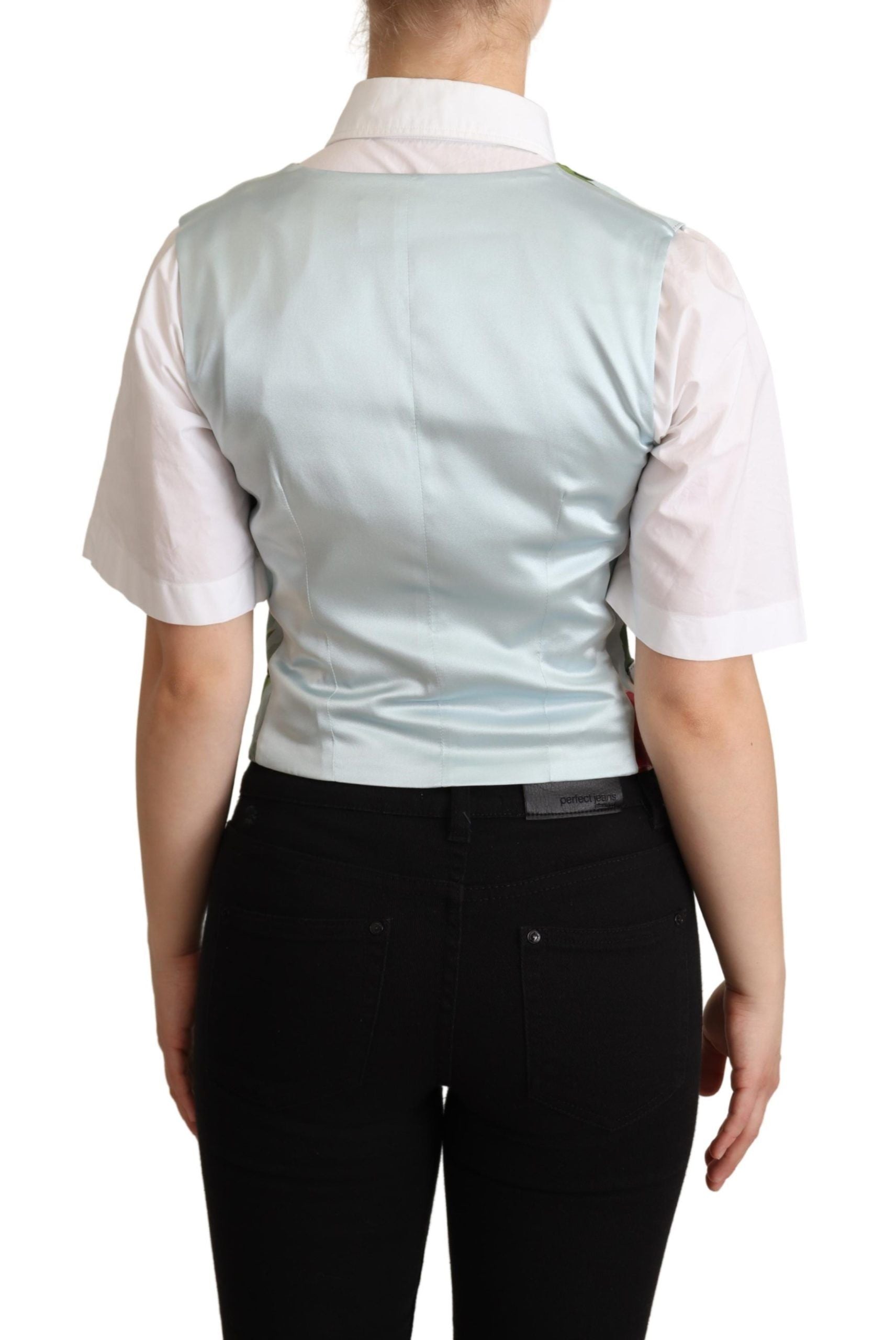 Mint green floral silk waistcoat vest by Dolce & Gabbana, featuring intricate floral pattern and tailored fit.