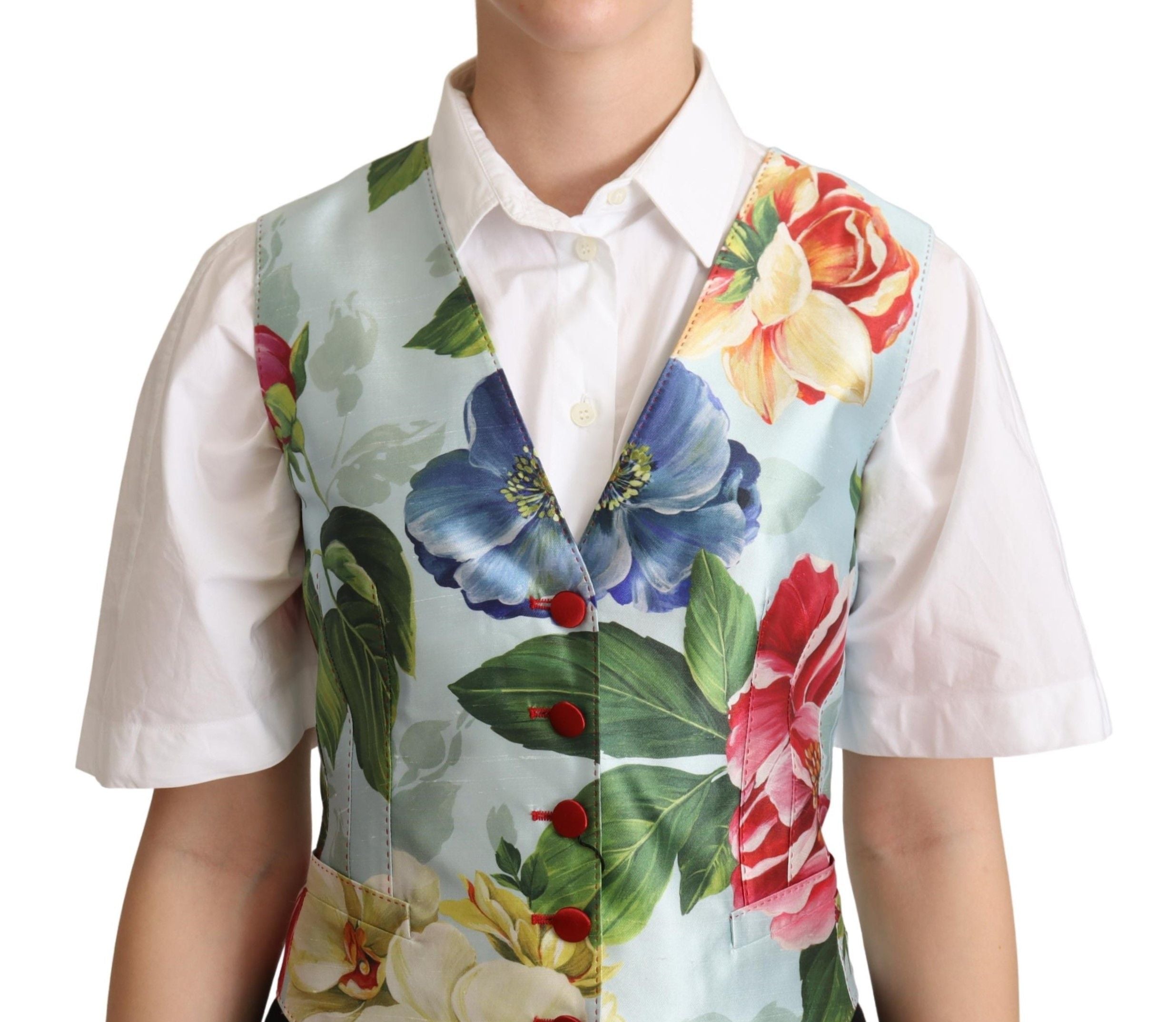 Mint green floral silk waistcoat vest by Dolce & Gabbana, featuring a tailored fit and intricate floral pattern.