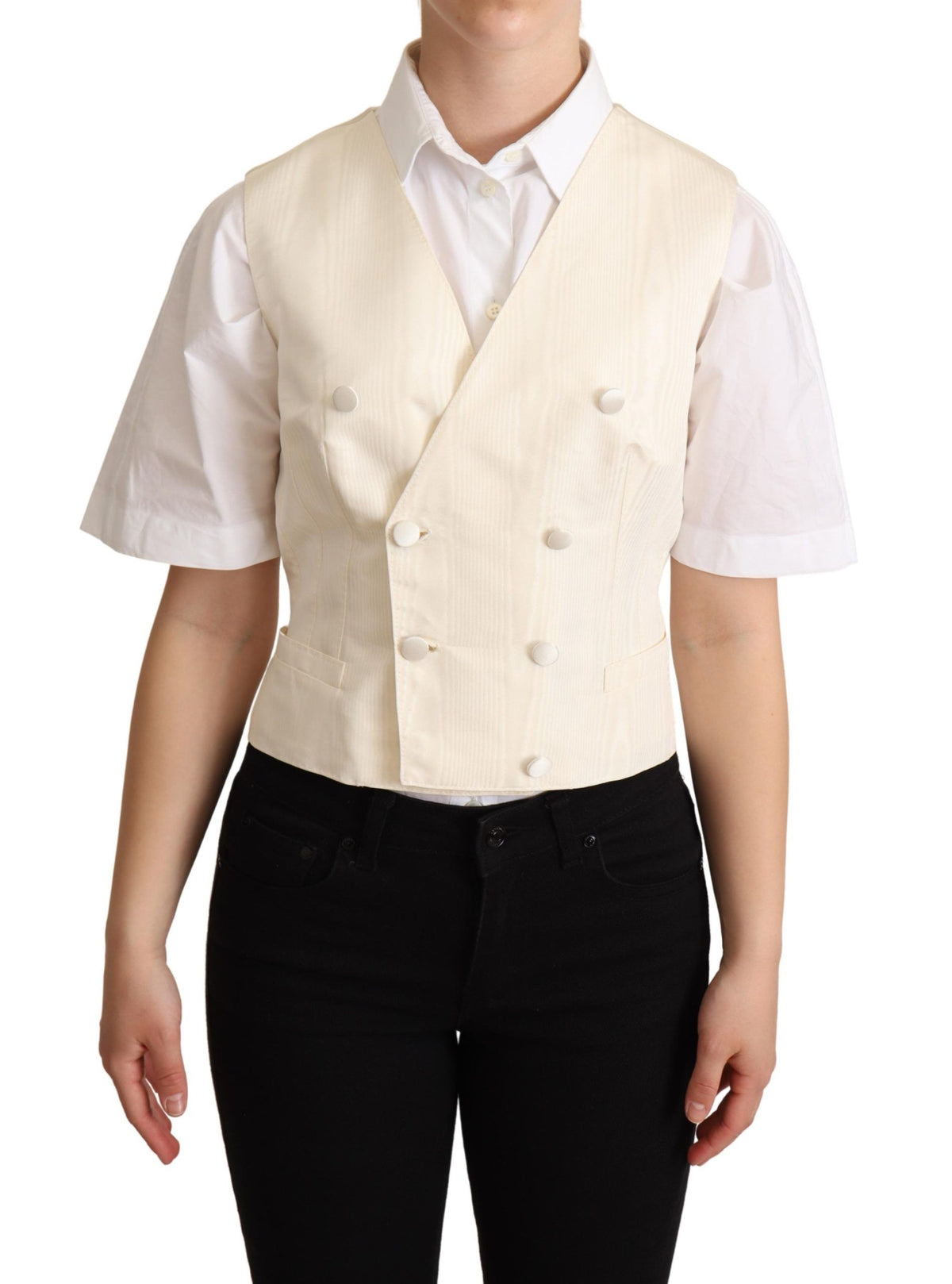 Beige silk sleeveless waistcoat vest by Dolce & Gabbana, tailored fit with smooth fabric and classic design.