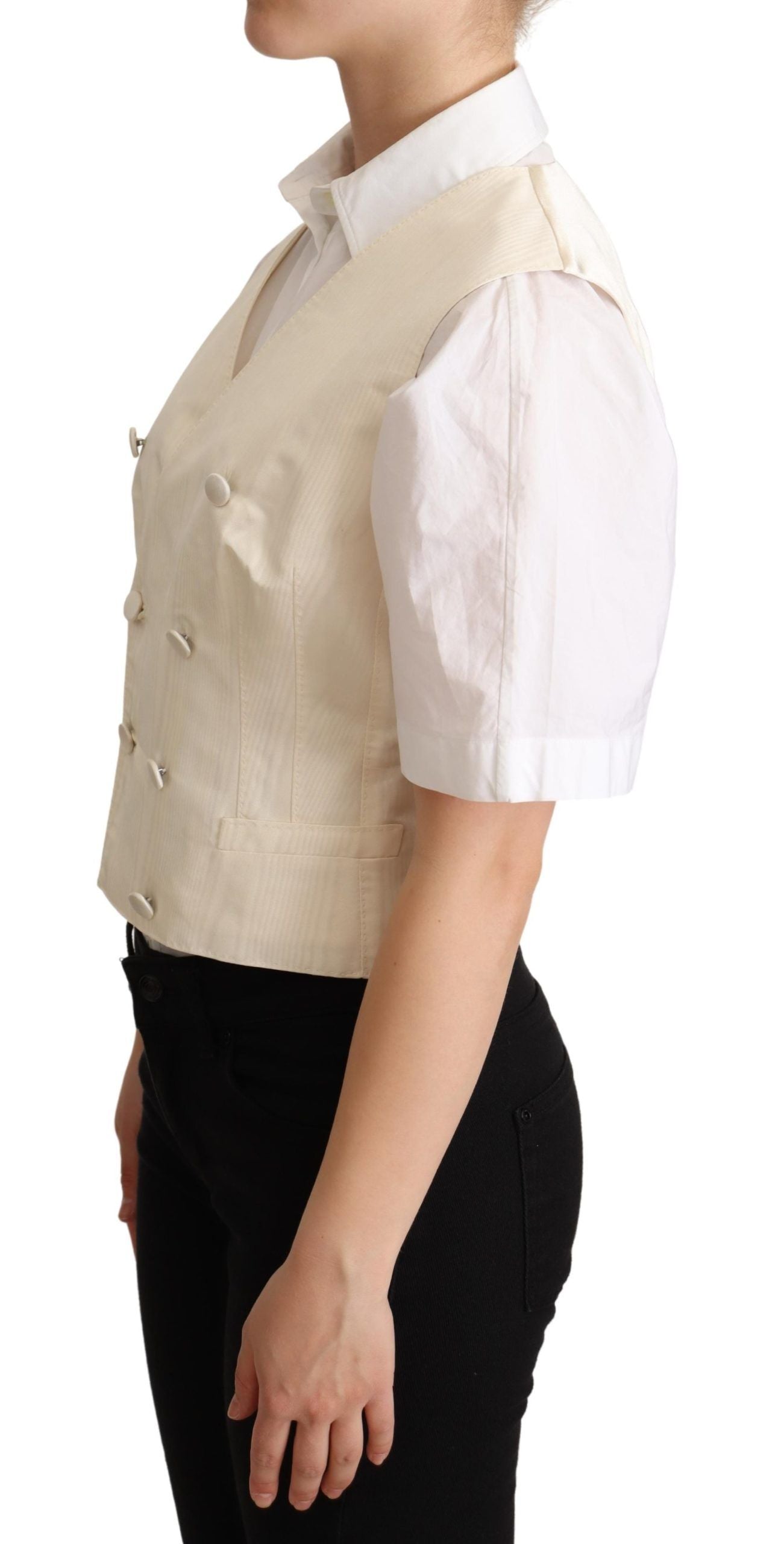 Beige silk sleeveless waistcoat vest by Dolce & Gabbana, tailored fit with smooth fabric and classic style.
