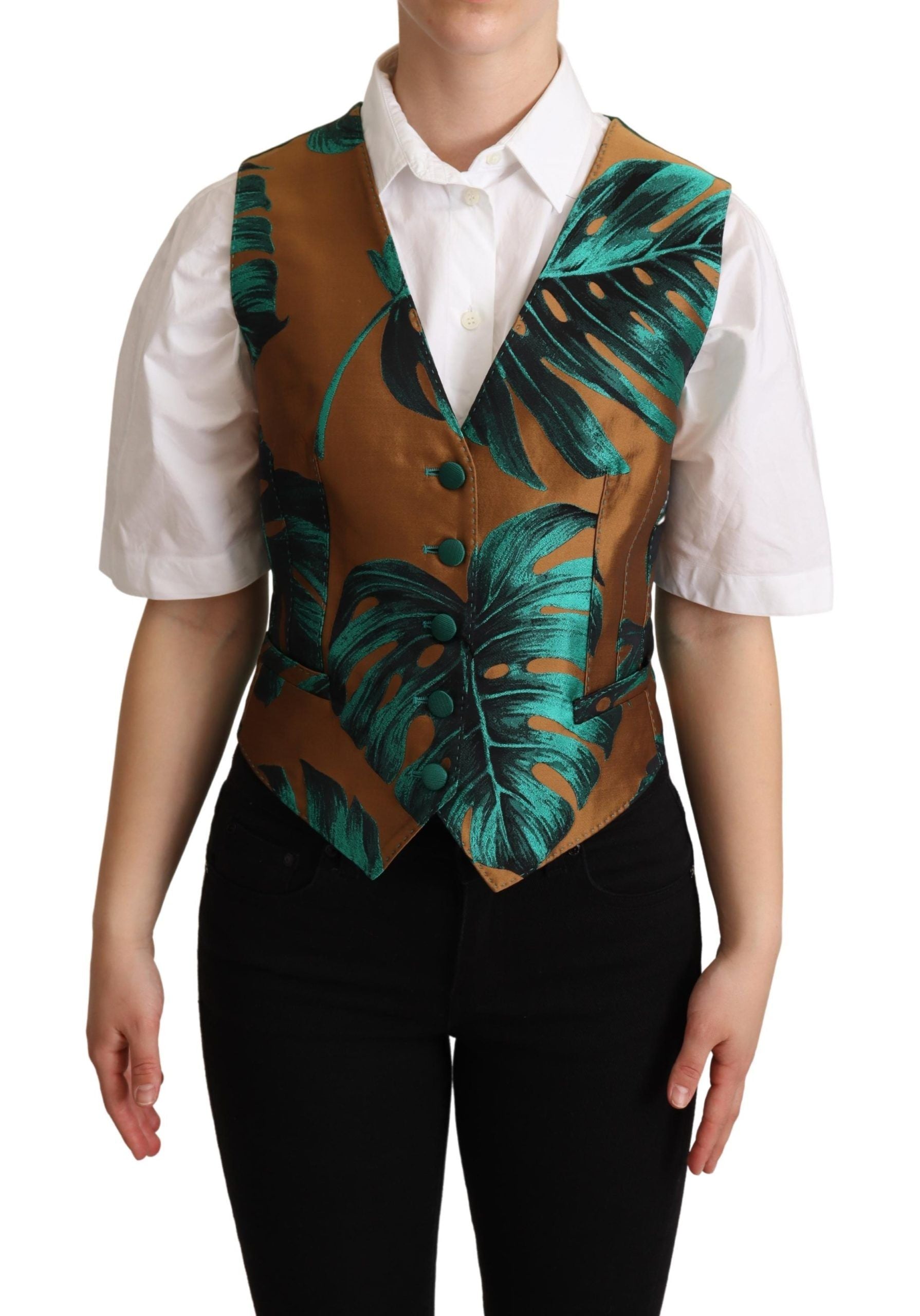 Green jacquard leaf gold waistcoat vest by Dolce & Gabbana with intricate leaf patterns and luxurious fabric details.