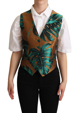 Green jacquard leaf gold waistcoat vest by Dolce & Gabbana with intricate leaf patterns and luxurious fabric details.