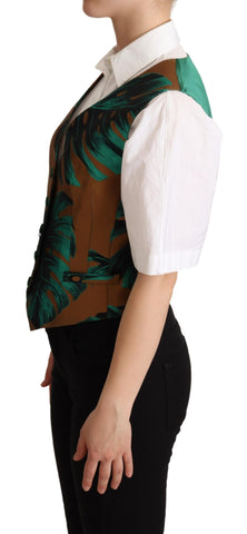 Green jacquard leaf waistcoat vest by Dolce & Gabbana, featuring intricate gold leaf patterns and tailored fit.