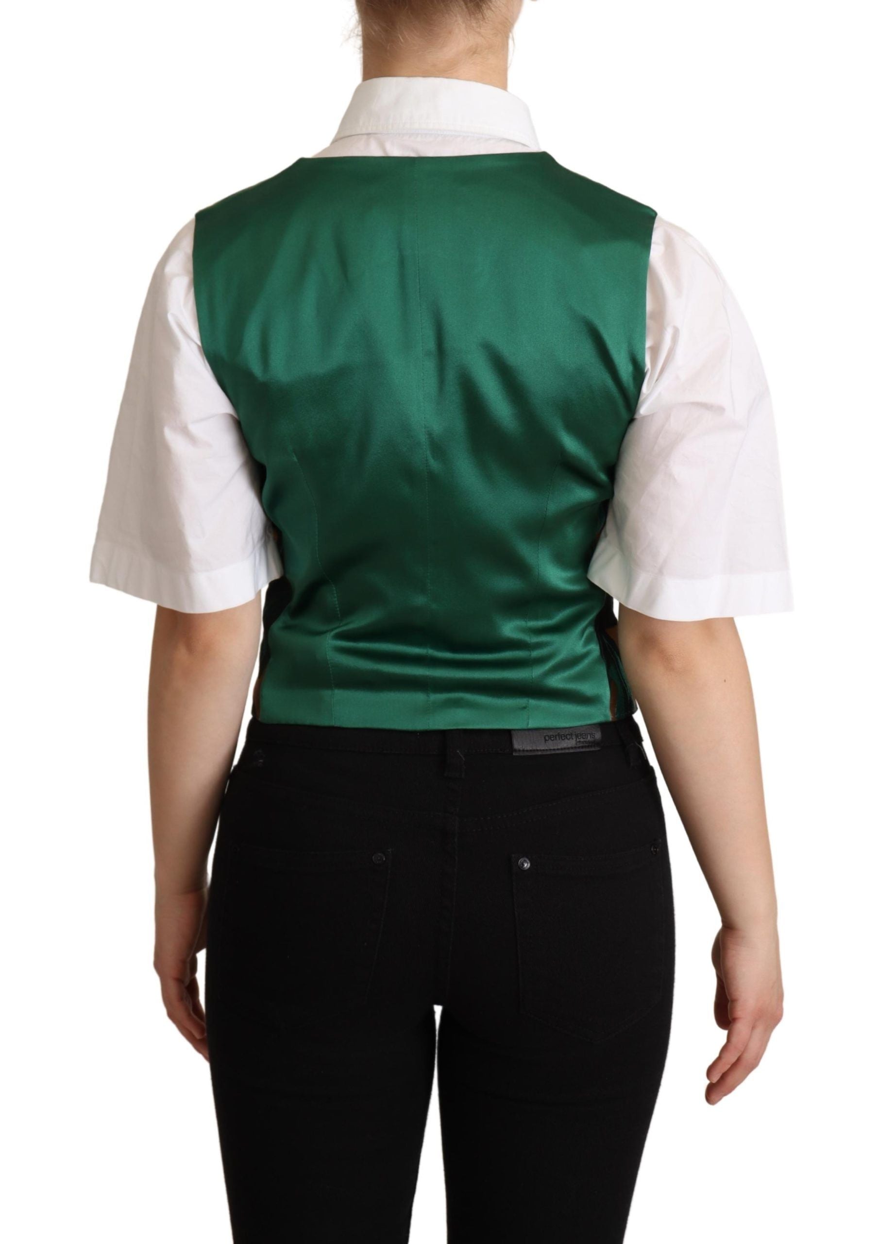 Green jacquard leaf gold waistcoat vest by Dolce & Gabbana, featuring intricate leaf pattern and gold accents.