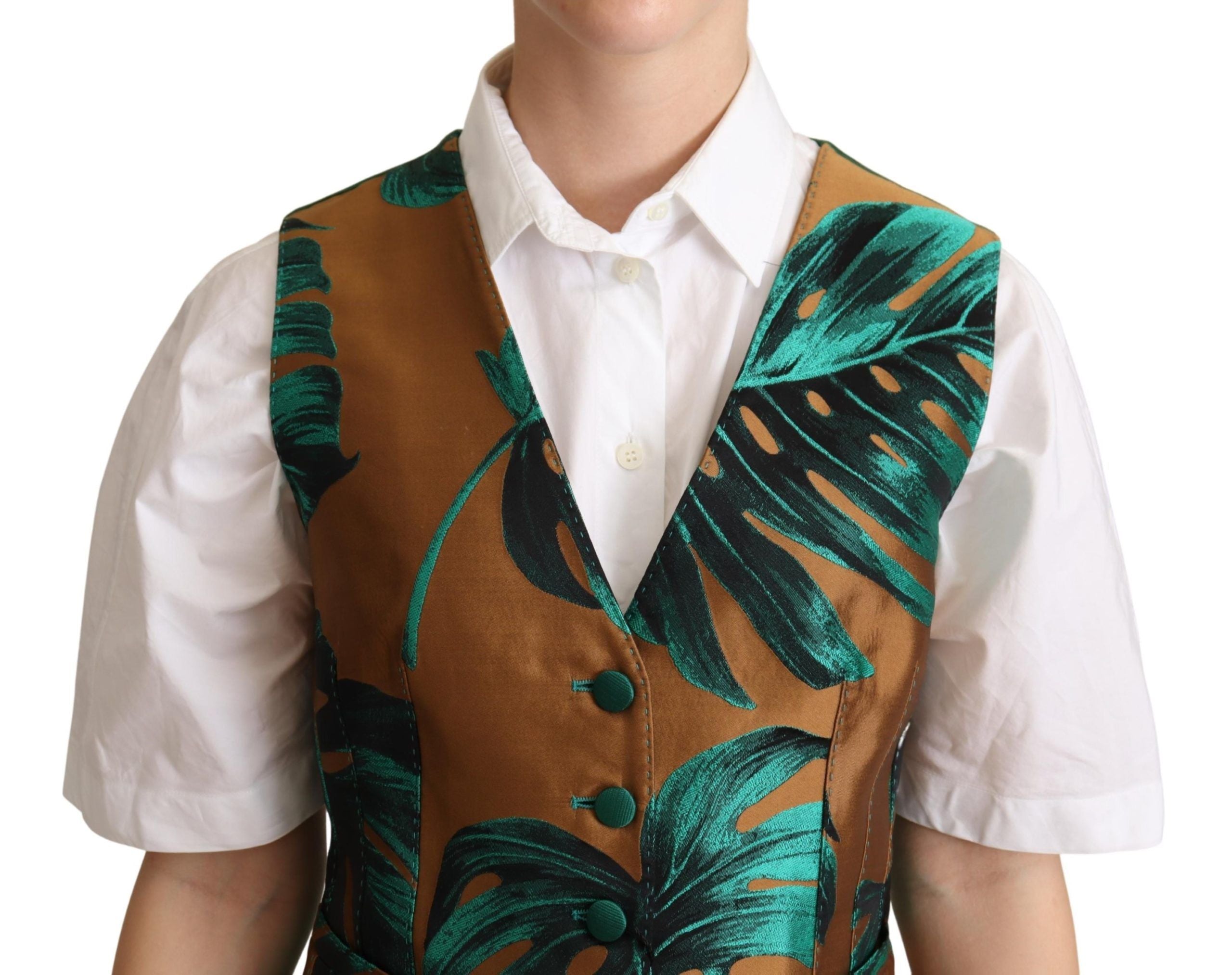Green jacquard leaf gold waistcoat vest by Dolce & Gabbana, featuring intricate leaf patterns and a stylish gold-tone finish.