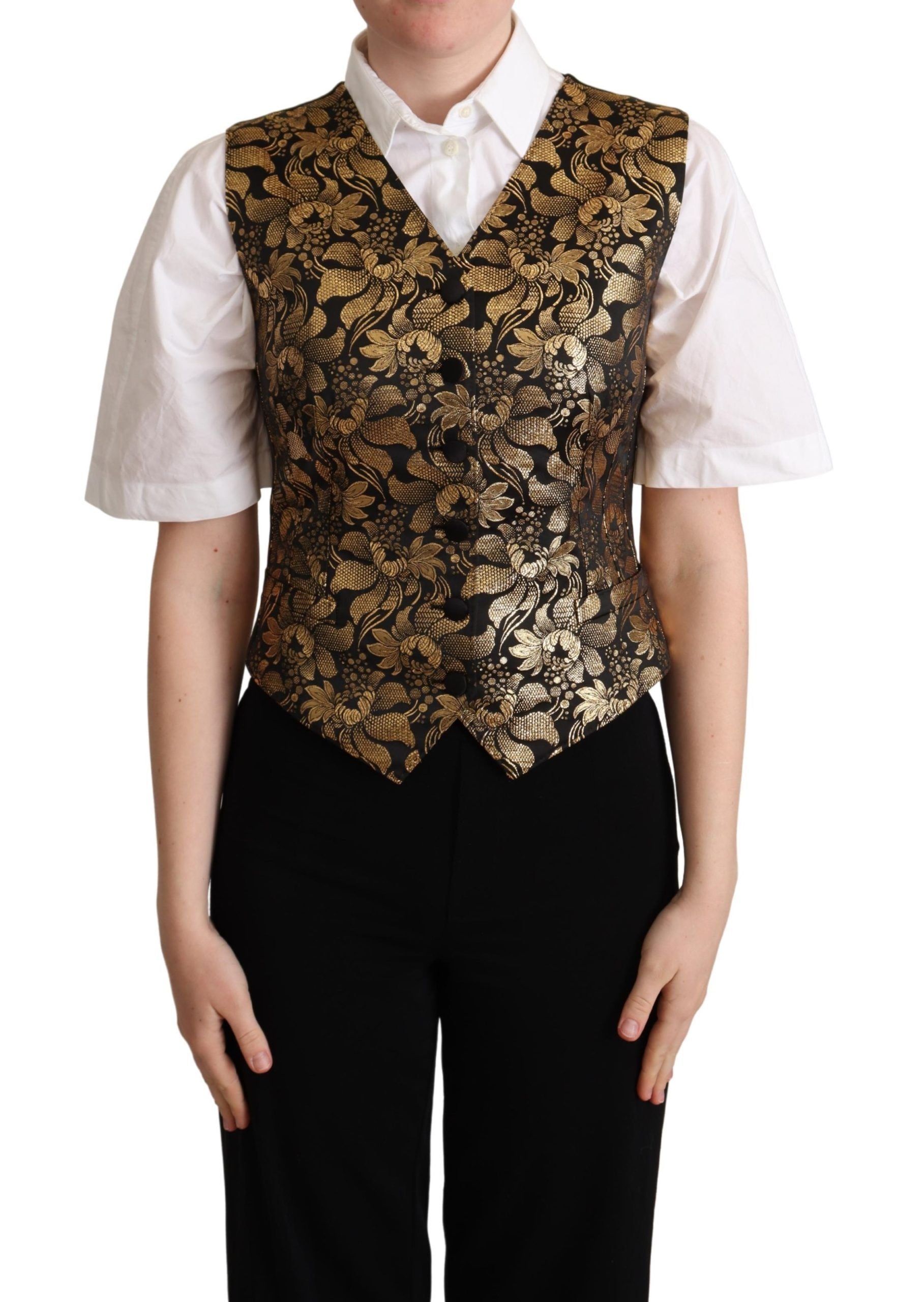 Black gold jacquard silk waistcoat vest by Dolce & Gabbana with intricate pattern and luxurious fabric detail.