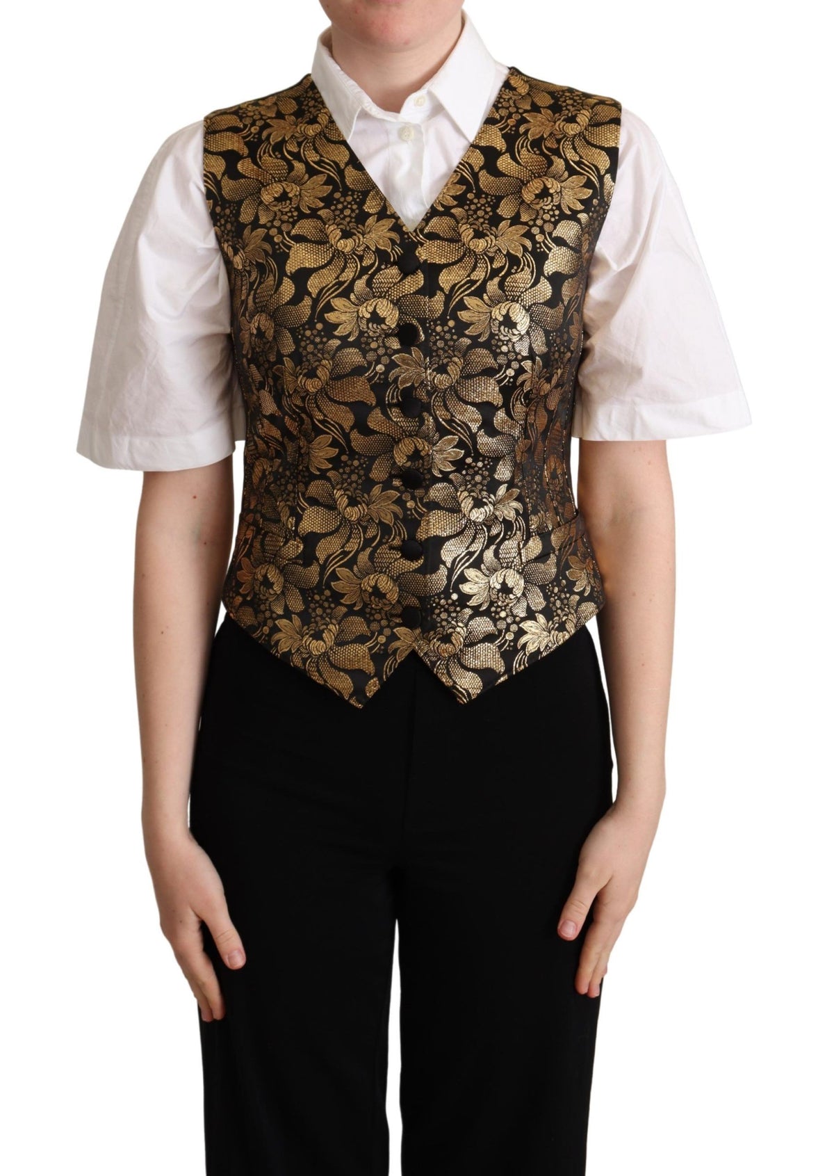 Black gold jacquard silk waistcoat vest by Dolce & Gabbana with intricate pattern and luxurious fabric detail.