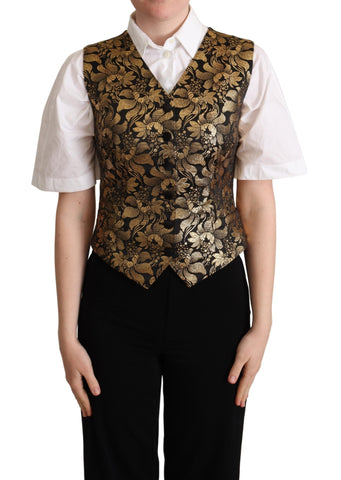 Black gold jacquard silk waistcoat vest by Dolce & Gabbana with intricate pattern and luxurious fabric detail.