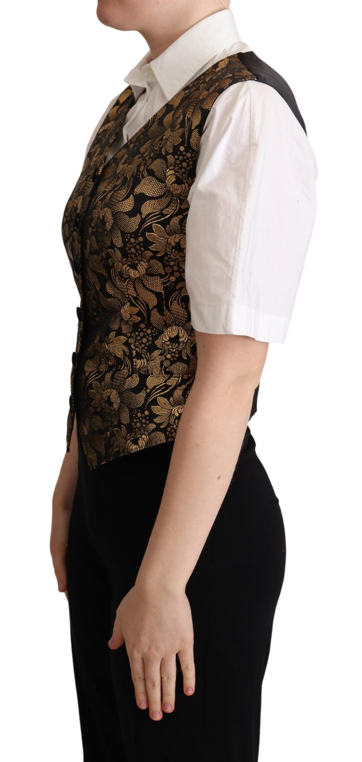 Black gold jacquard silk waistcoat vest by Dolce & Gabbana, featuring intricate pattern and tailored fit.