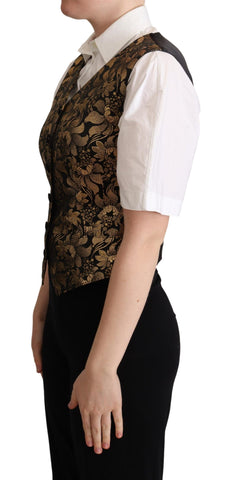 Black gold jacquard silk waistcoat vest by Dolce & Gabbana, featuring intricate pattern and tailored fit.