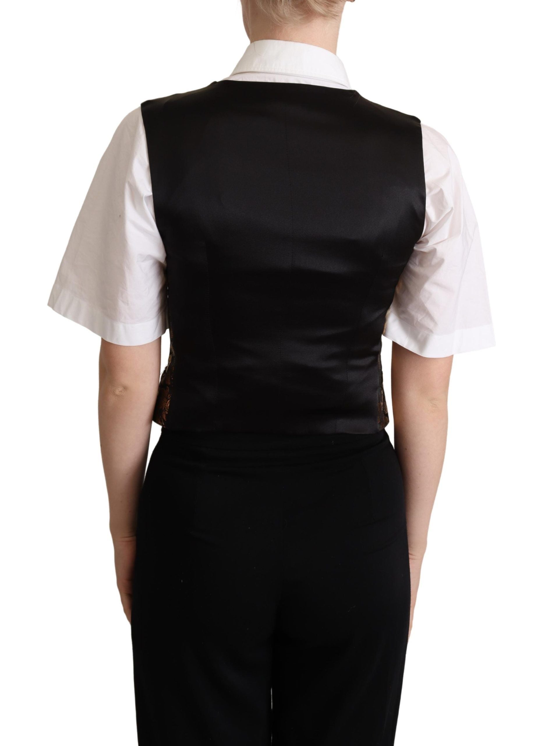 Black gold jacquard silk waistcoat vest by Dolce & Gabbana, featuring intricate pattern and tailored fit.