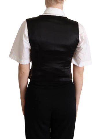 Black gold jacquard silk waistcoat vest by Dolce & Gabbana, featuring intricate pattern and tailored fit.