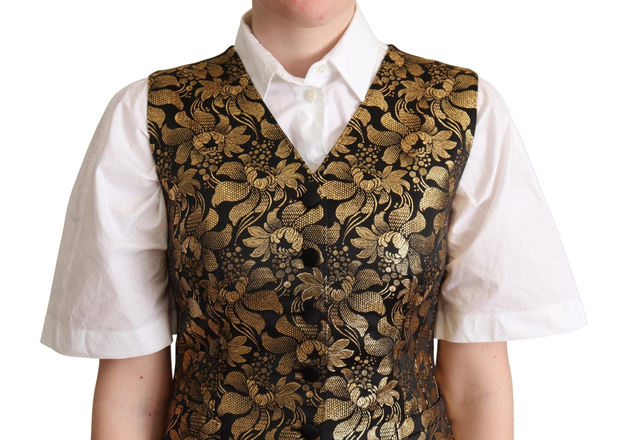 Black gold jacquard silk waistcoat vest by Dolce & Gabbana, showcasing intricate patterned fabric and tailored fit.