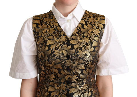 Black gold jacquard silk waistcoat vest by Dolce & Gabbana, showcasing intricate patterned fabric and tailored fit.