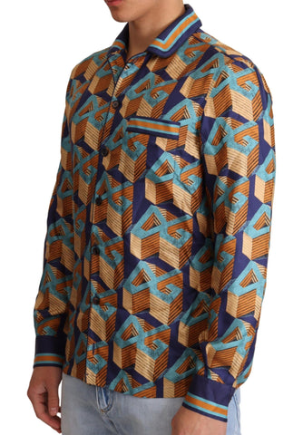 Multicolor DG logo silk men's top shirt by Dolce & Gabbana with a sleek fit and vibrant print, displayed on a hanger.