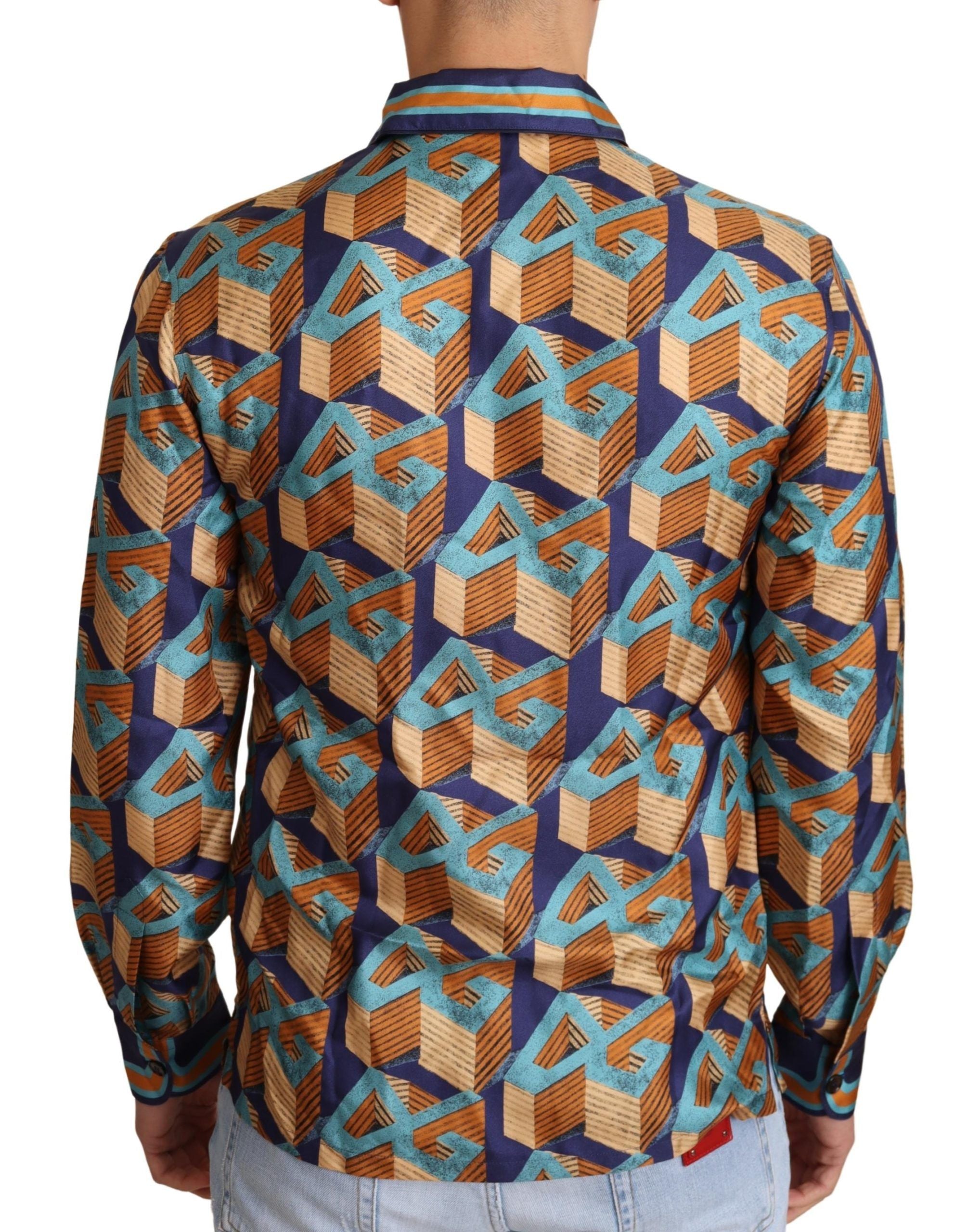 Multicolor Dolce & Gabbana silk men's top shirt with DG logo, featuring a vibrant pattern and stylish design.