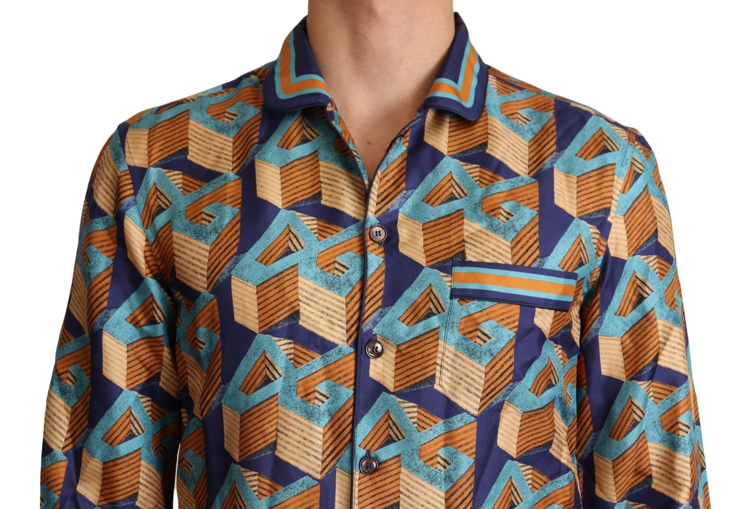 Multicolor Dolce & Gabbana silk men's top shirt with DG logo design, featuring vibrant patterns and a classic fit.