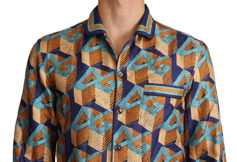 Multicolor Dolce & Gabbana silk men's top shirt with DG logo design, featuring vibrant patterns and a classic fit.