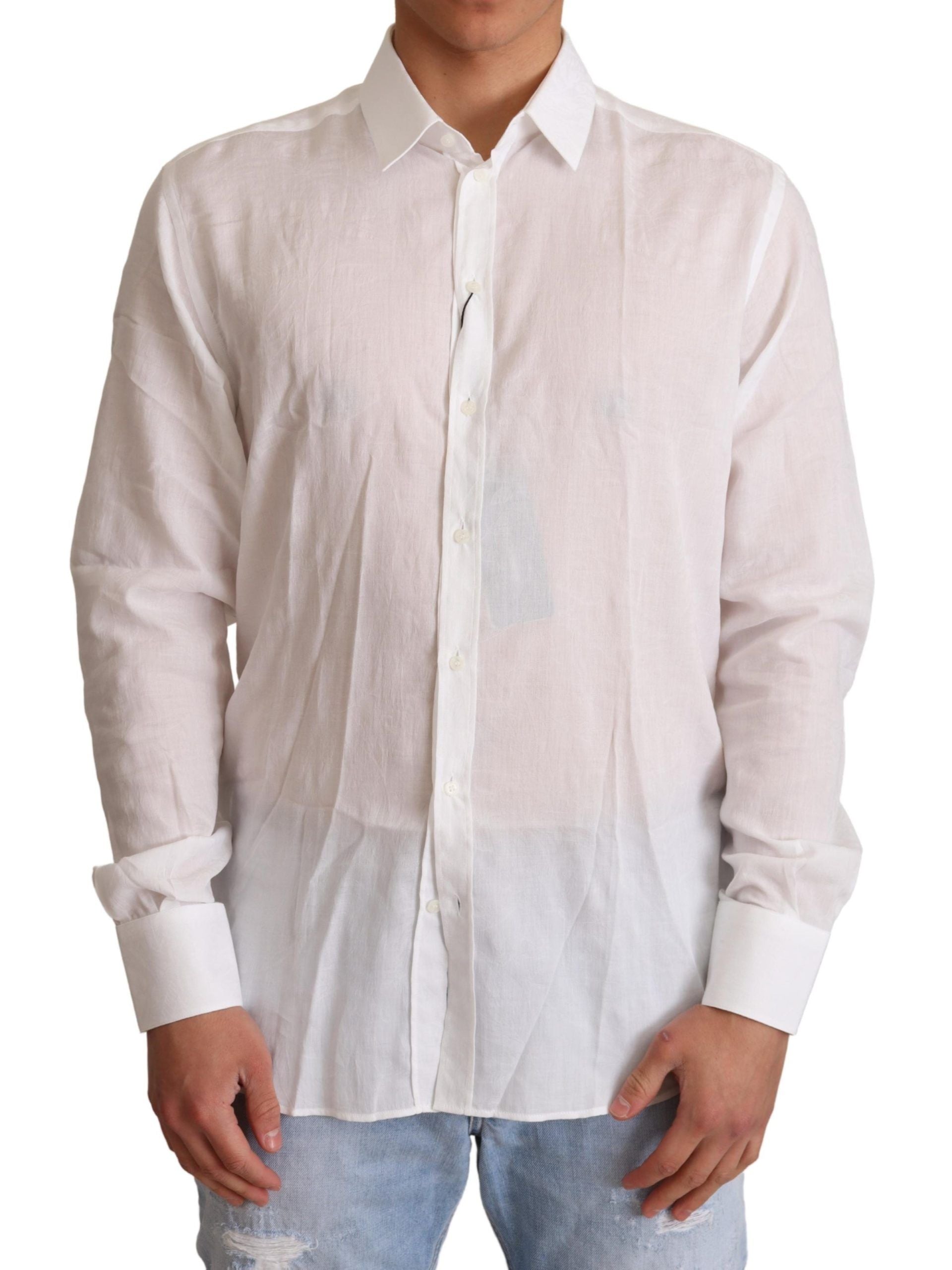 White cotton floral pattern Martini shirt by Dolce & Gabbana, featuring a classic collar and elegant design.