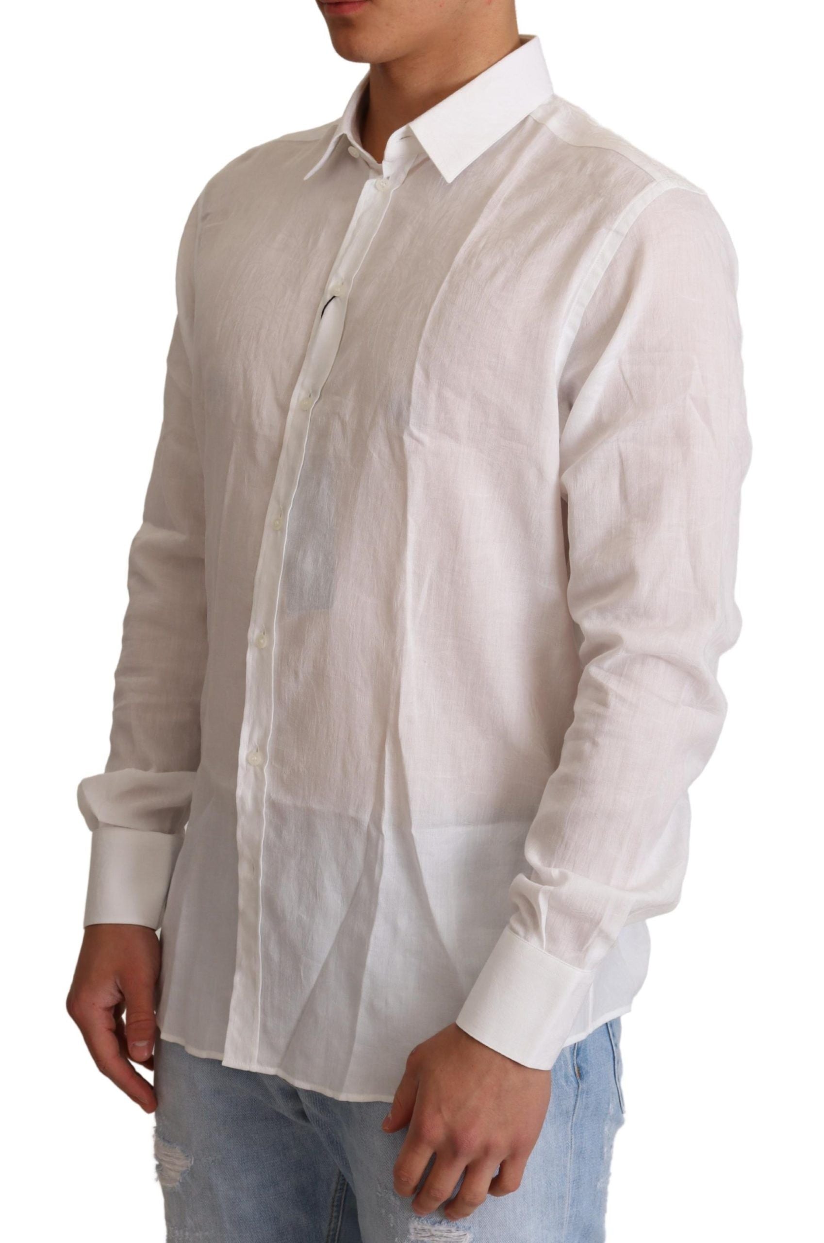 White cotton floral pattern Martini shirt by Dolce & Gabbana with long sleeves and classic collar, displayed on a hanger.