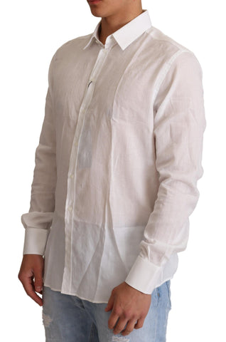 White cotton floral pattern Martini shirt by Dolce & Gabbana with long sleeves and classic collar, displayed on a hanger.