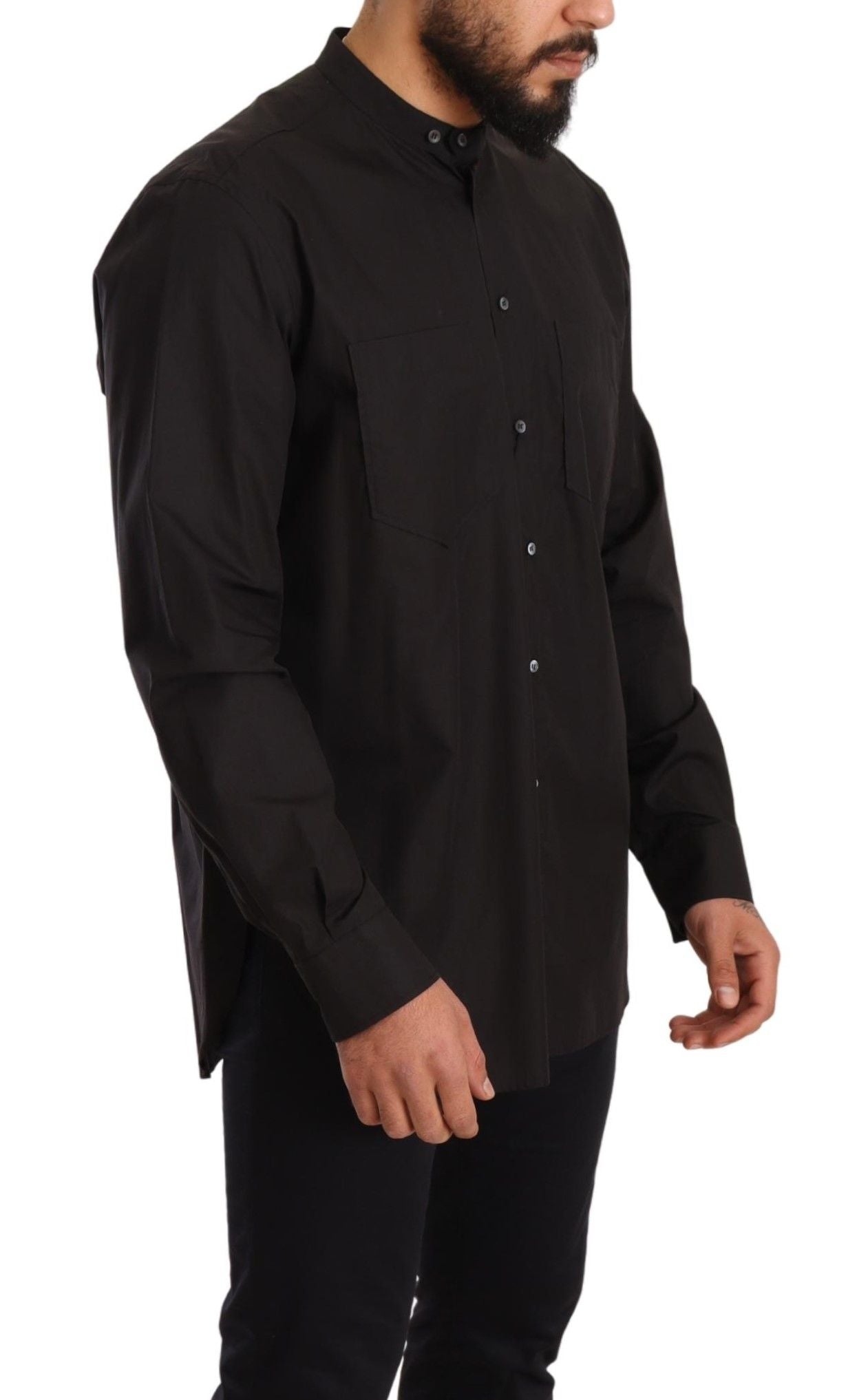 Black 100% cotton formal dress top shirt by Dolce & Gabbana, shown with a classic collar and button front.