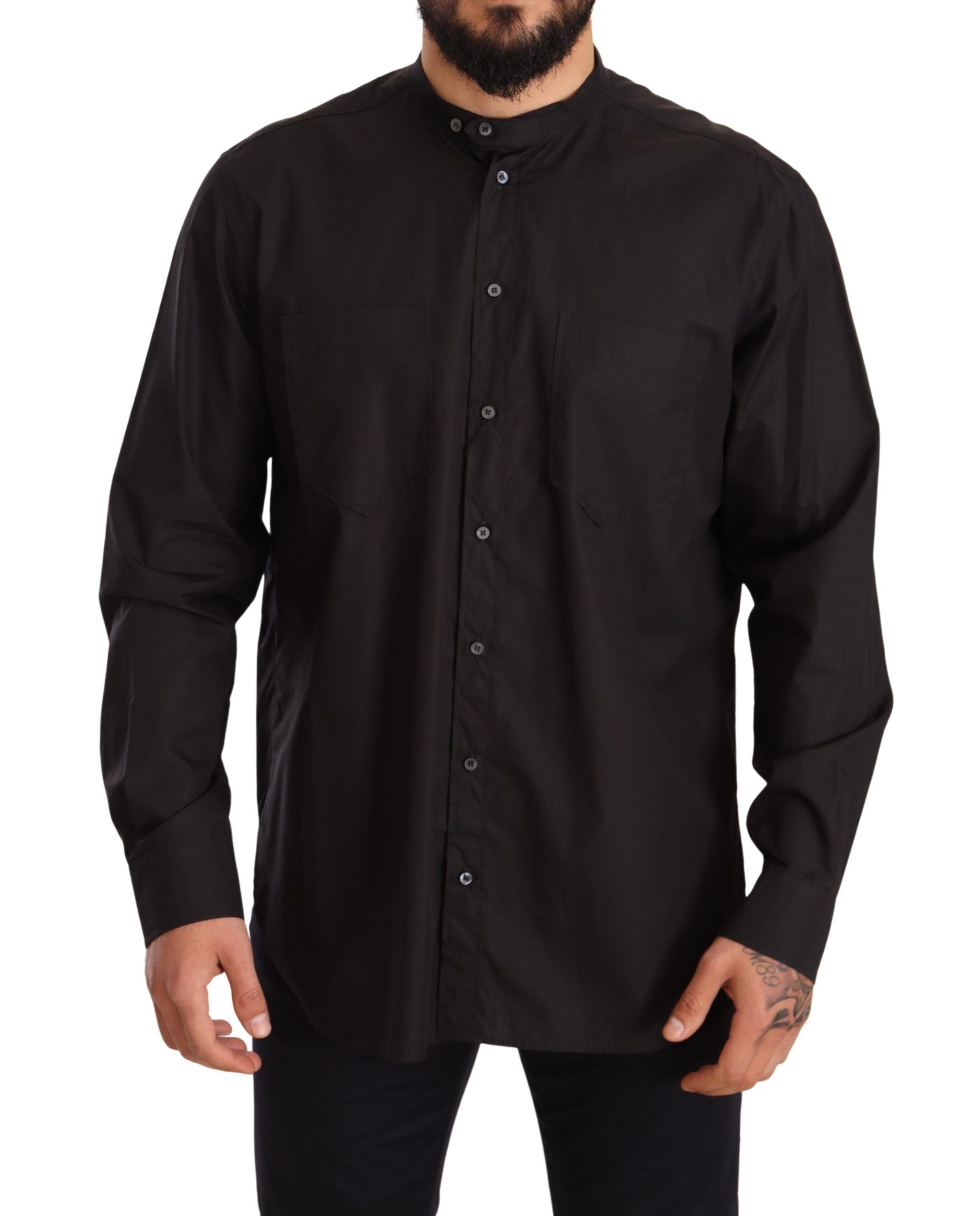 Black 100% cotton formal dress top shirt by Dolce & Gabbana, featuring a classic fit and elegant design.