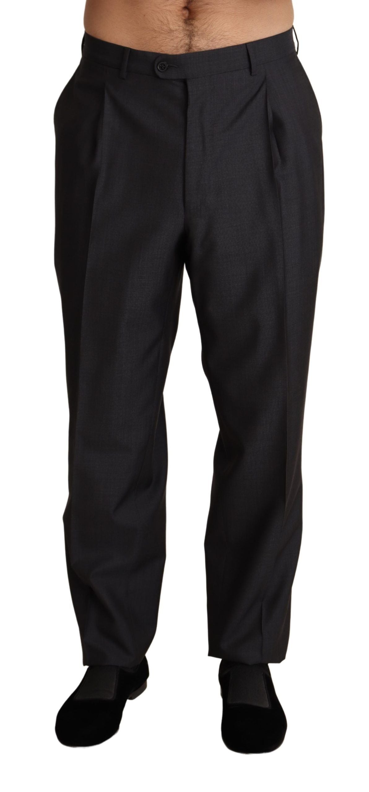 Gray wool blend formal trousers by Dolce & Gabbana, tailored fit with classic style, shown on a flat lay.