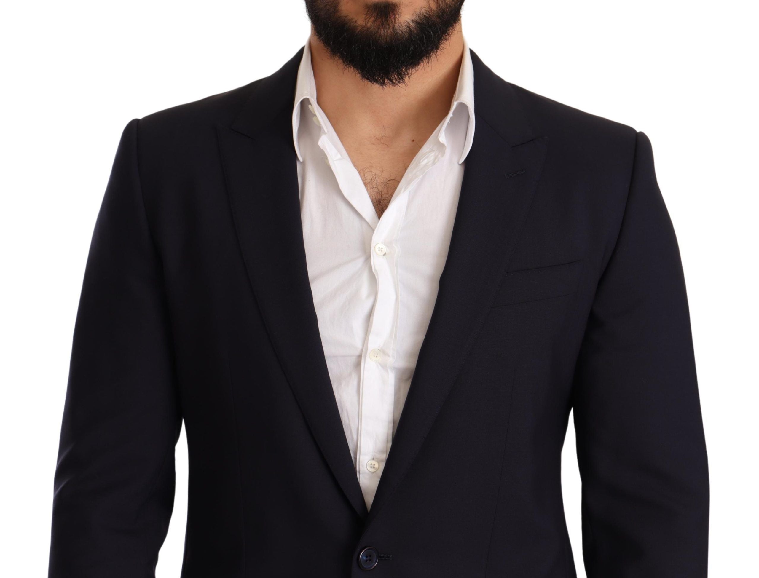 Navy blue wool slim fit Martini blazer by Dolce & Gabbana, tailored with a classic lapel and structured fit.