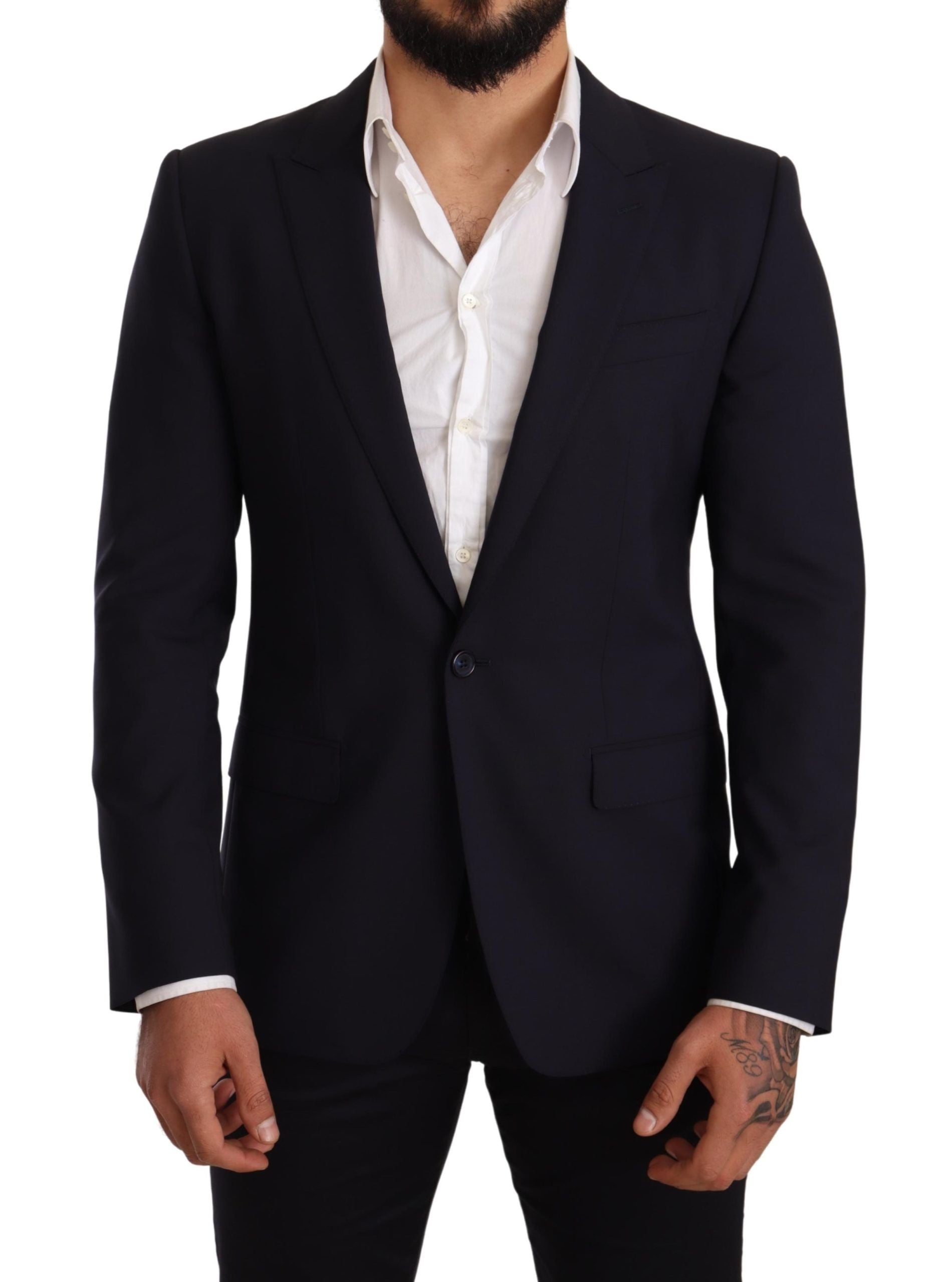 Navy blue wool slim fit Martini blazer by Dolce & Gabbana, tailored with a classic lapel and sleek design.