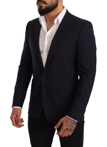Navy blue wool slim fit Martini blazer by Dolce & Gabbana, tailored fit with classic lapel and button closure.
