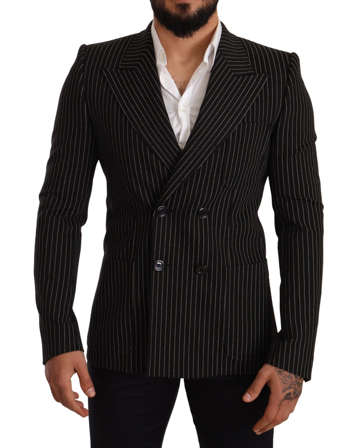 Black and white striped slim fit coat blazer by Dolce & Gabbana, featuring tailored design and classic lapel collar.