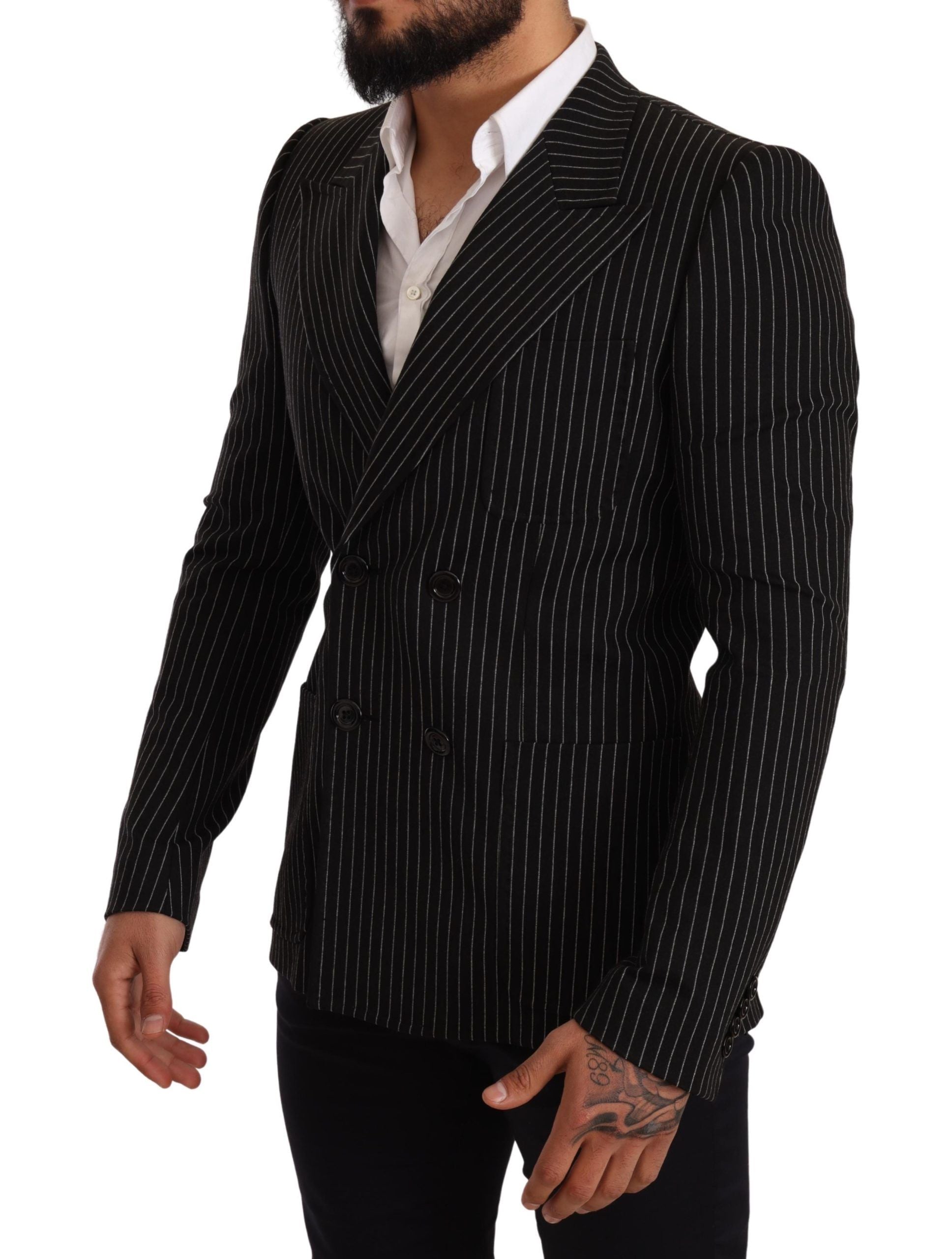 Black and white striped slim fit coat blazer by Dolce & Gabbana, featuring tailored design and classic lapel collar.