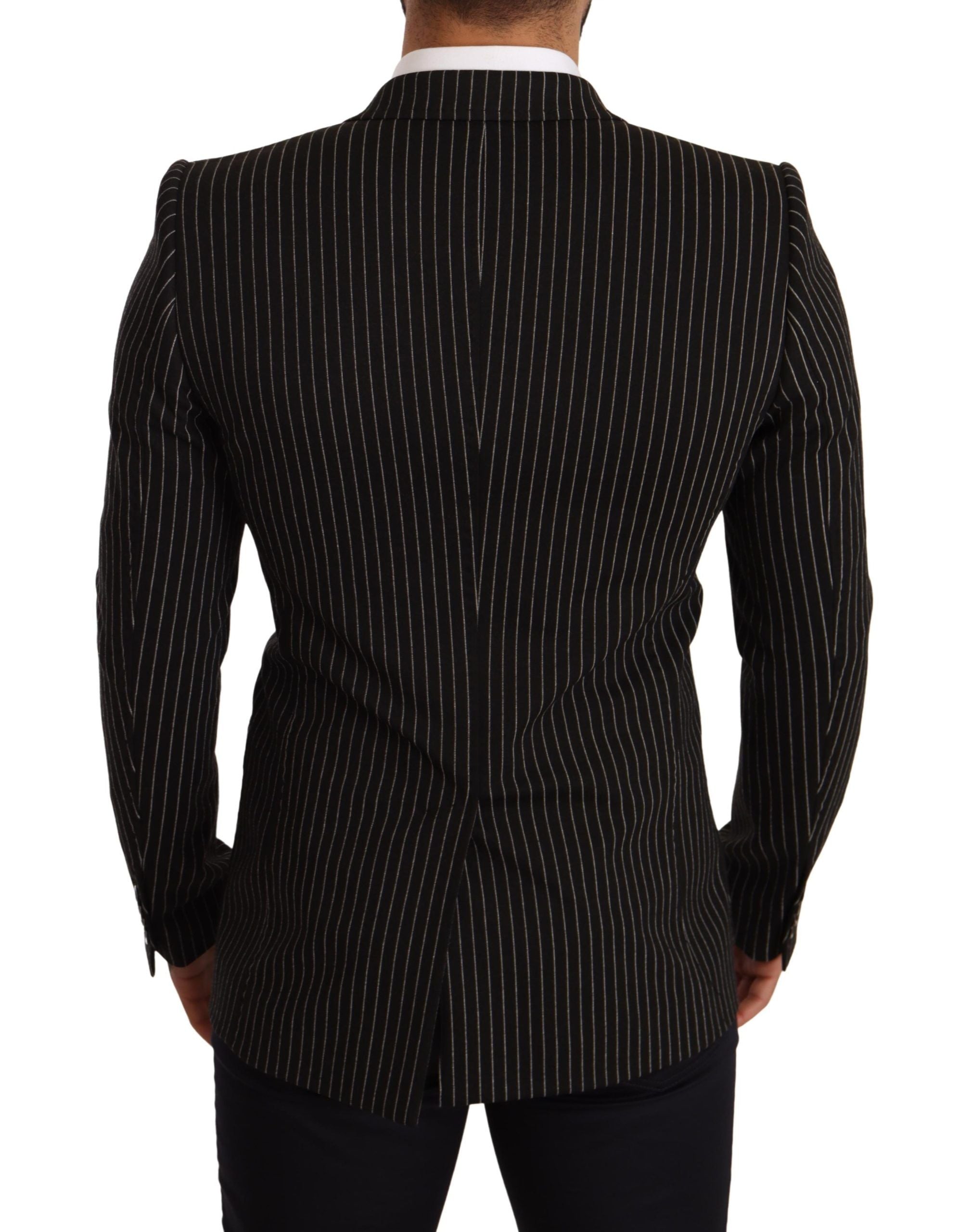 Black and white striped slim fit coat blazer by Dolce & Gabbana, showing tailored lapels and stylish design.